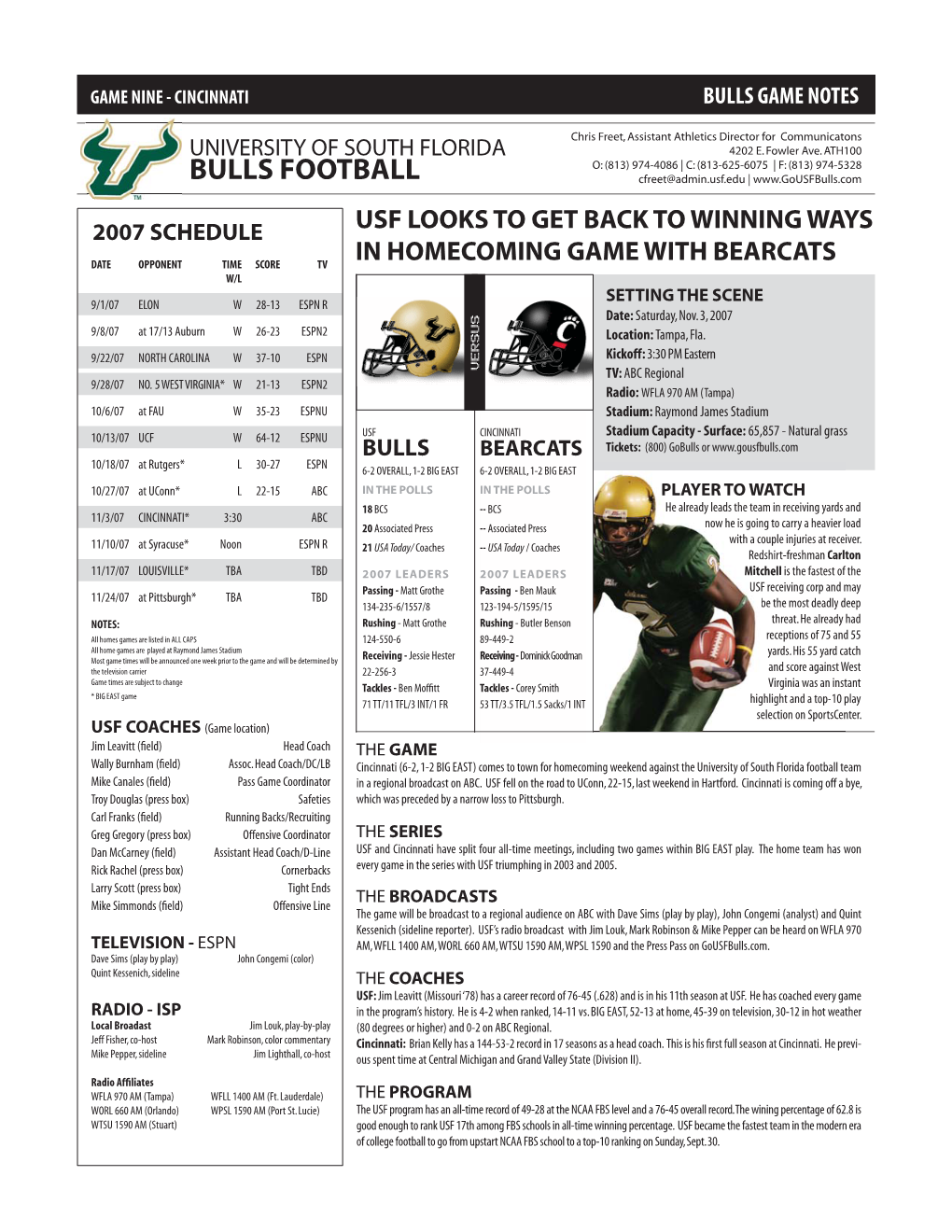 BULLS FOOTBALL Cfreet@Admin.Usf.Edu |