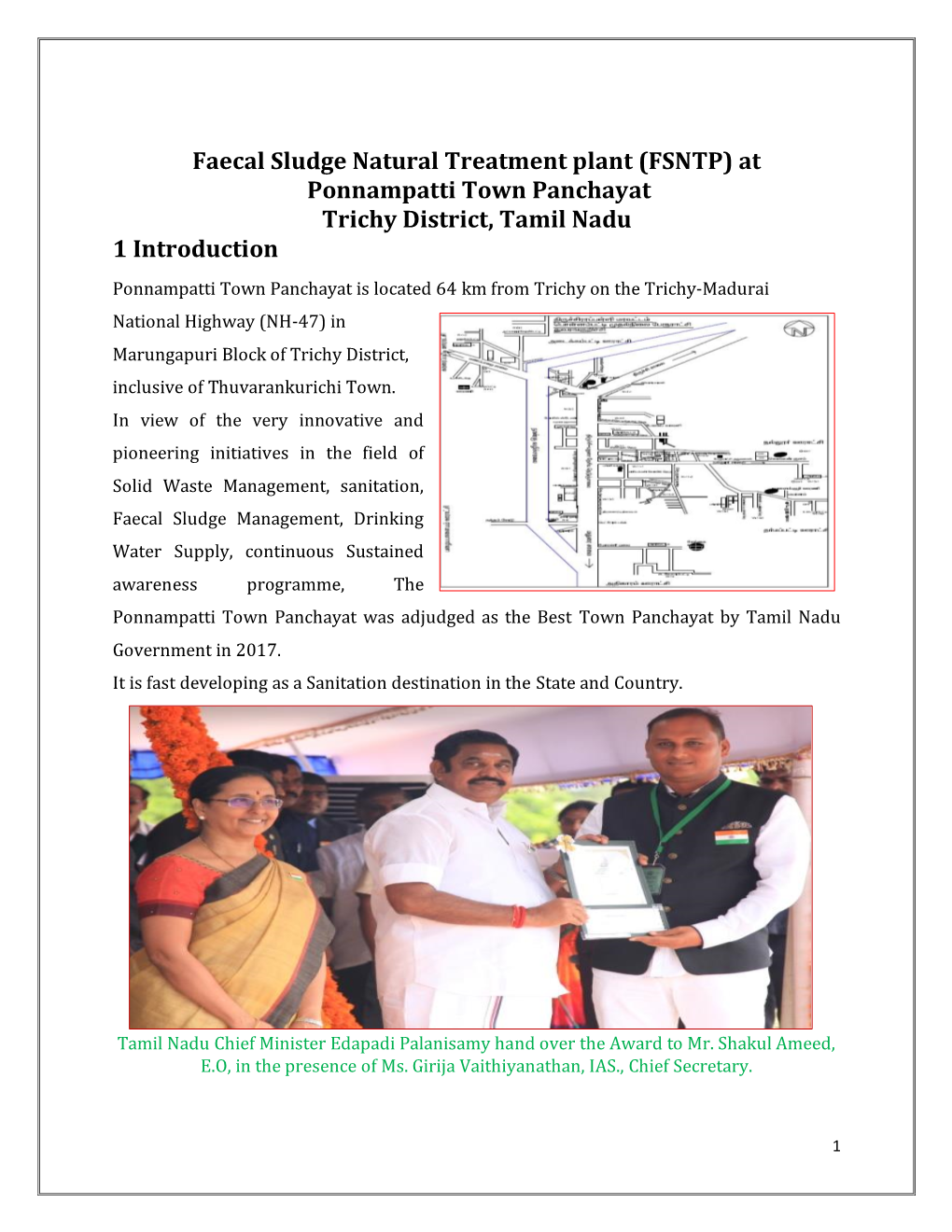 Faecal Sludge Natural Treatment Plant (FSNTP) at Ponnampatti Town Panchayat Trichy District, Tamil Nadu 1 Introduction