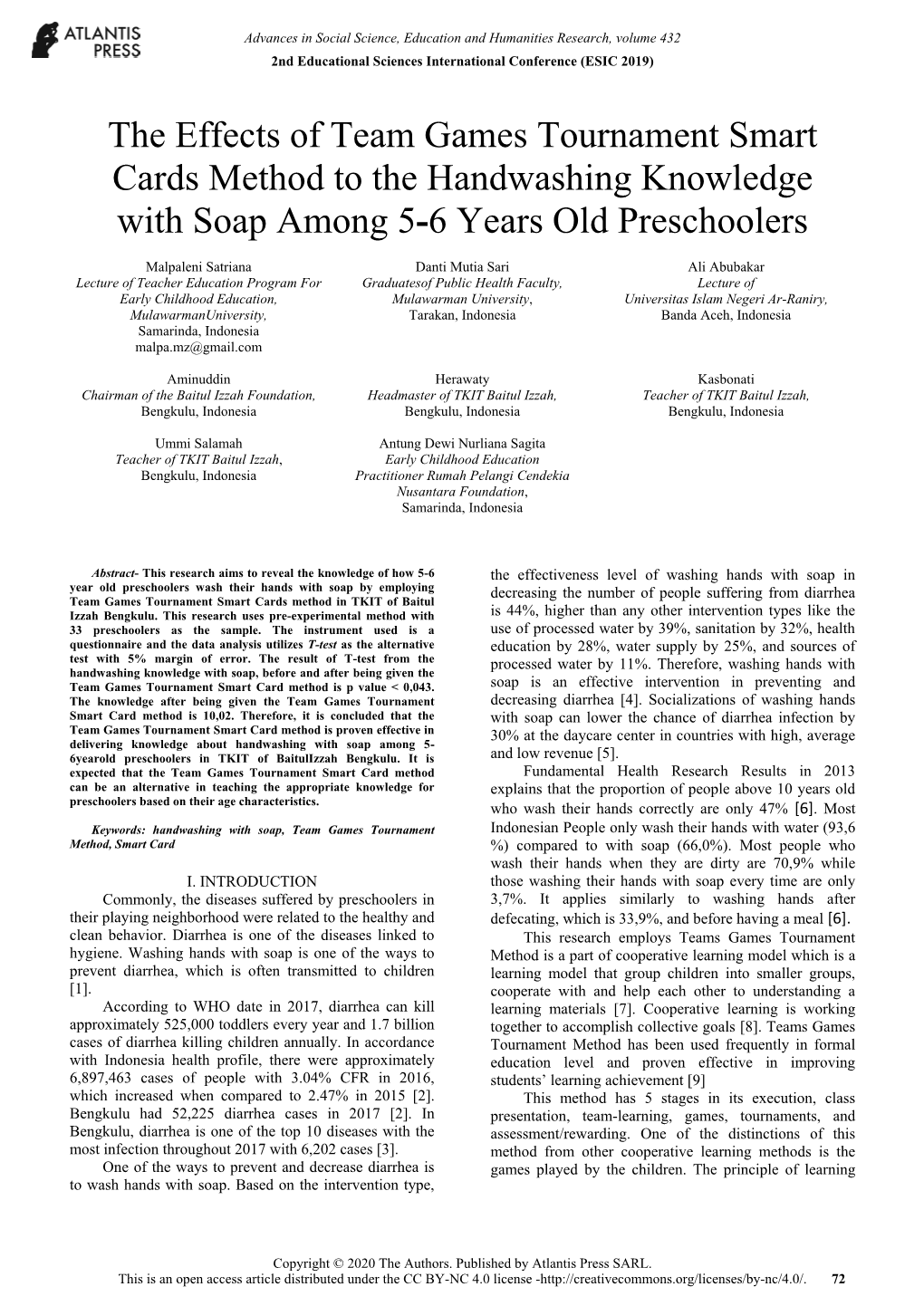 The Effects of Team Games Tournament Smart Cards Method to the Handwashing Knowledge with Soap Among 5-6 Years Old Preschoolers