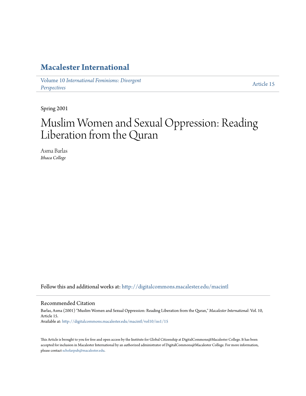 Muslim Women and Sexual Oppression: Reading Liberation from the Quran Asma Barlas Ithaca College