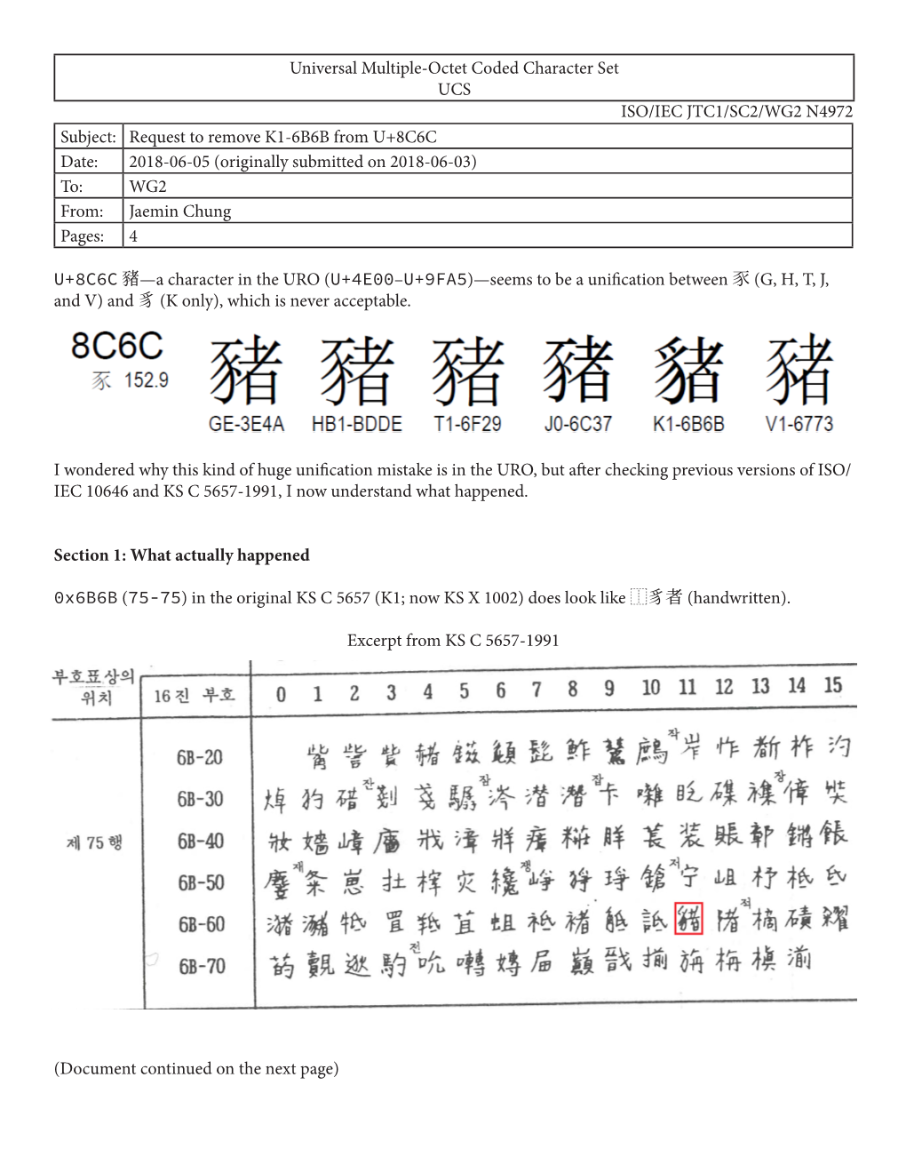 N4972 Subject: Request to Remove K1-6B6B from U+8C6C Date: 2018-06-05 (Originally Submitted on 2018-06-03) To: WG2 From: Jaemin Chung Pages: 4