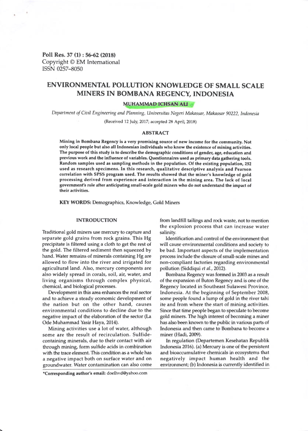 Environmental Pollution Knowledge of Small Scale Miners in Bombana Regency Indonesia Muhammadichsan Ali