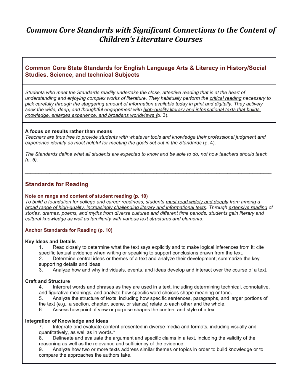 Common Core Standards with Significant Connections to the Content of Children S Literature
