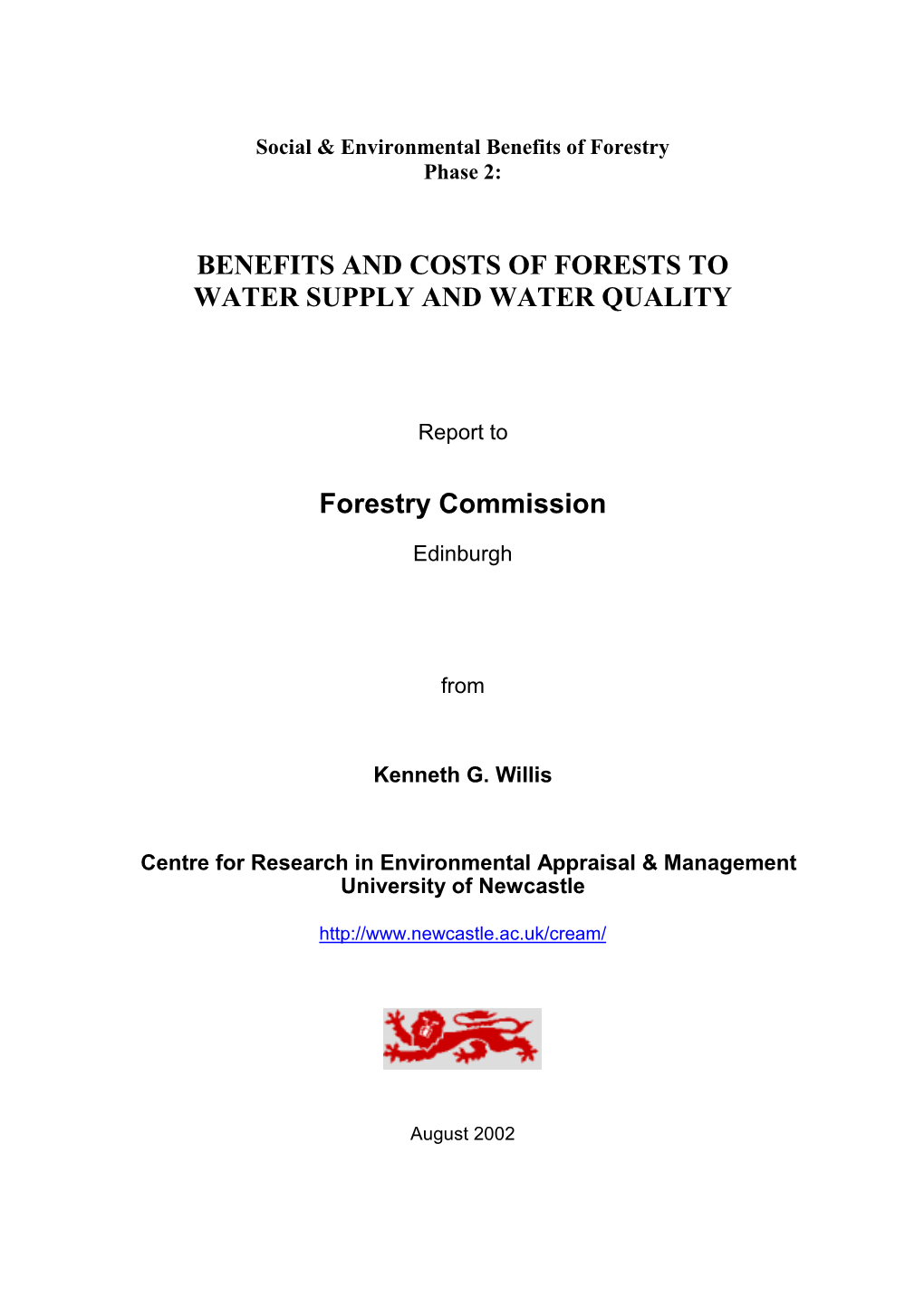 Benefits and Costs of Forests to Water Supply and Water Quality