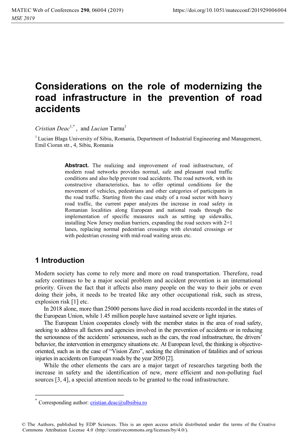 Considerations on the Role of Modernizing the Road Infrastructure in the Prevention of Road Accidents