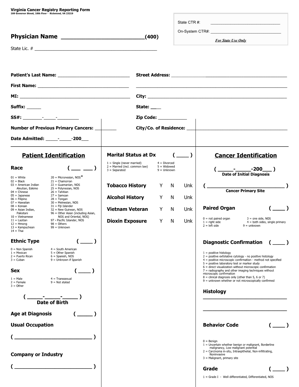 Virginia Cancer Registry Reporting Form