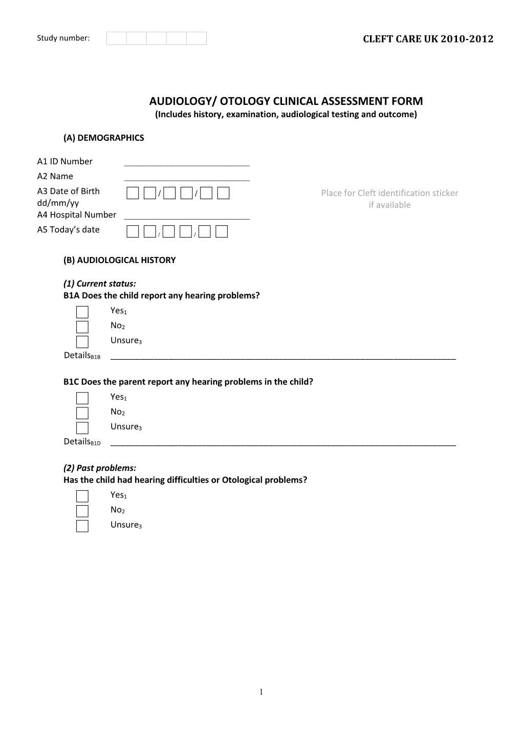 Audiology/Otology Clinical Assessment Form