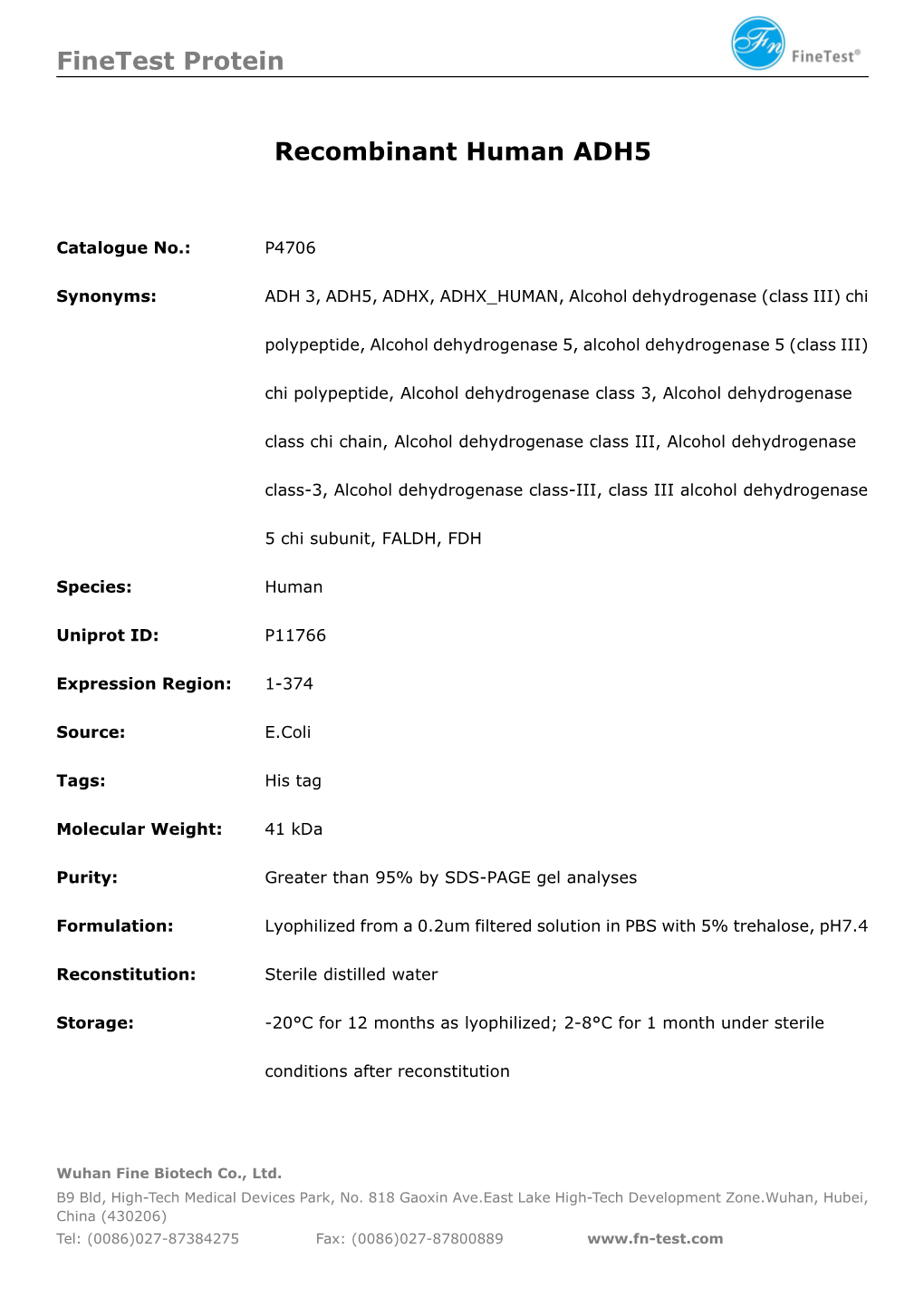 Finetest Protein Recombinant Human ADH5