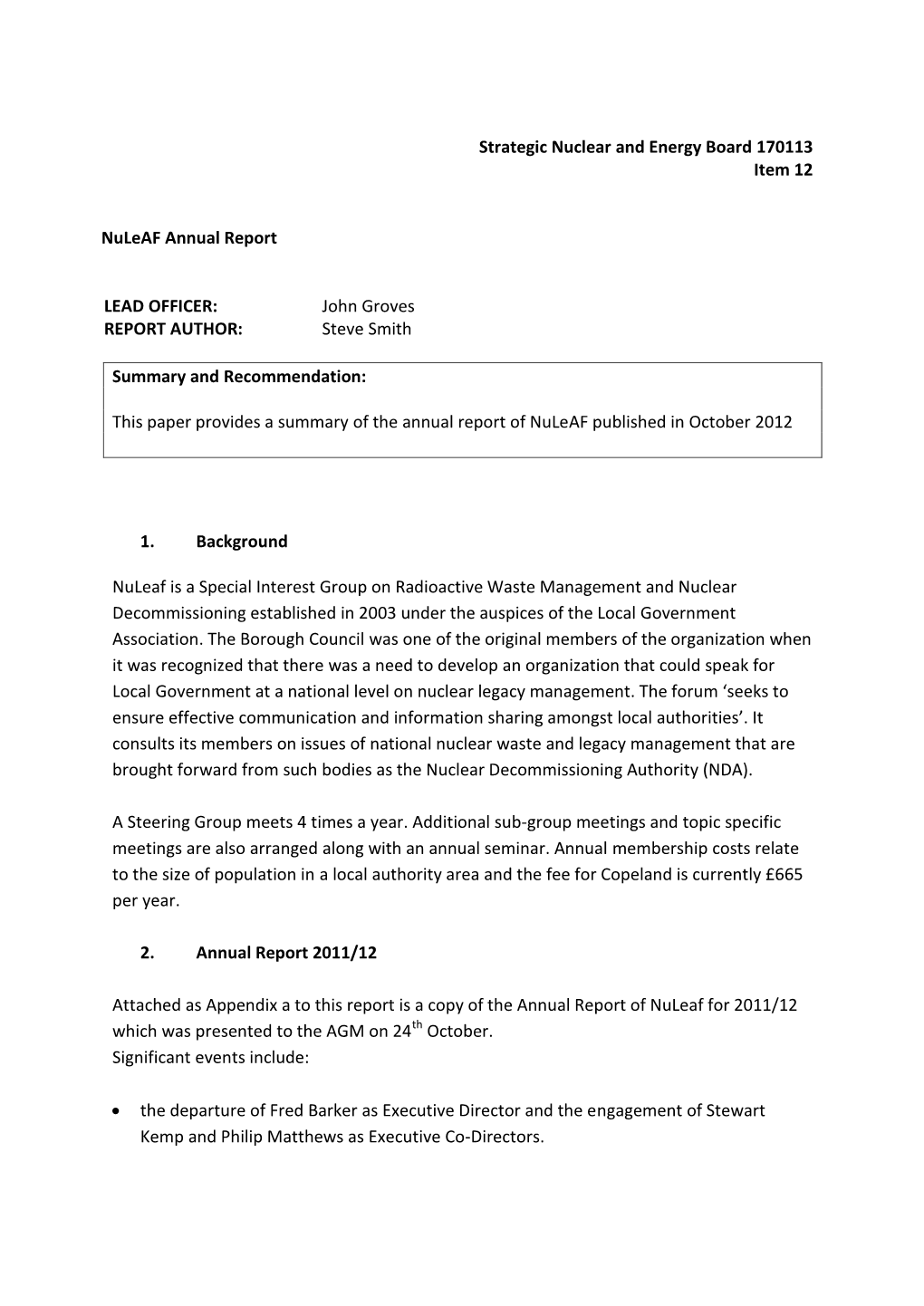 Strategic Nuclear and Energy Board 170113 Item 12 Nuleaf Annual Report LEAD OFFICER