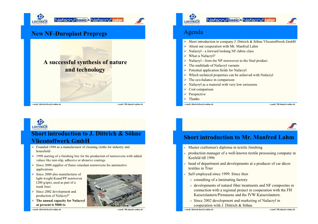 New NF-Duroplast Prepregs a Successful Synthesis of Nature and Technology Agenda Short Introduction to J. Dittrich & Söhne