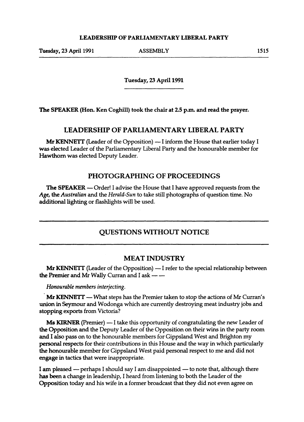 Leadership of Parliamentary Liberal Party Photographing of Proceedings Questions Without Notice Meat Industry