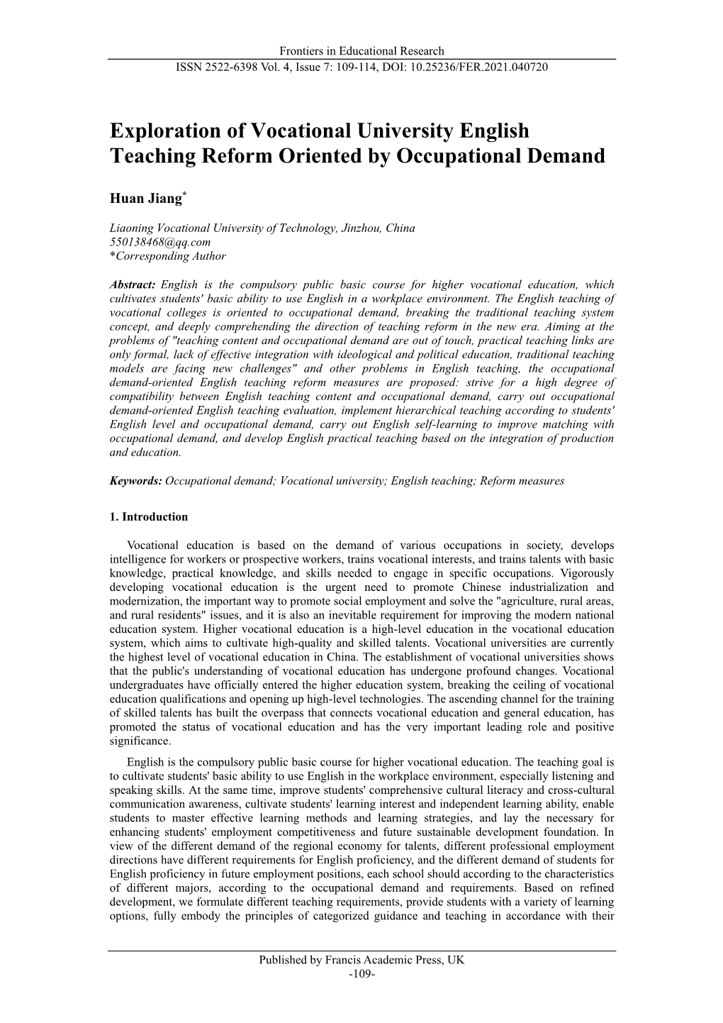 Exploration of Vocational University English Teaching Reform Oriented by Occupational Demand