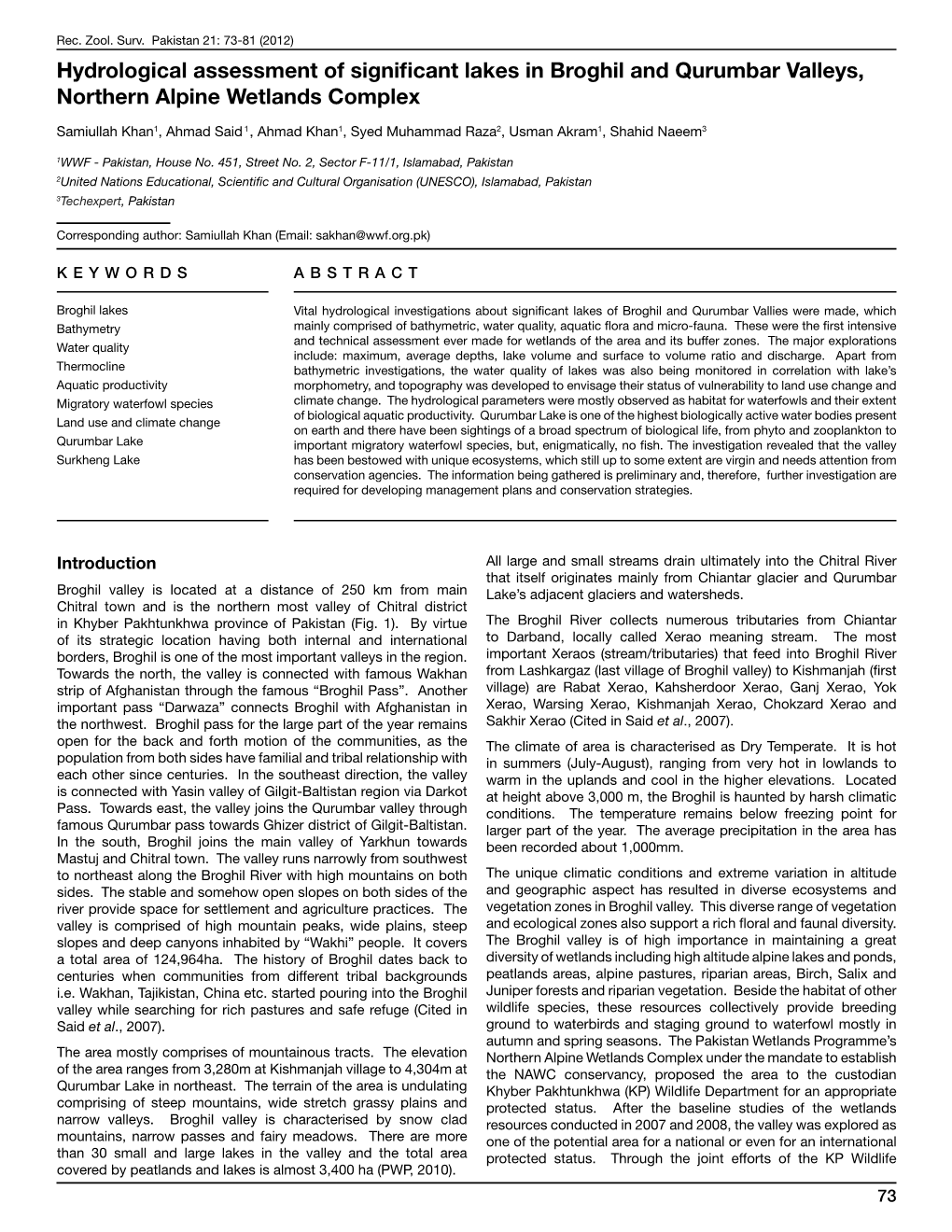 Hydrological Assessment of Significant Lakes in Broghil and Qurumbar Valleys, Northern Alpine Wetlands Complex