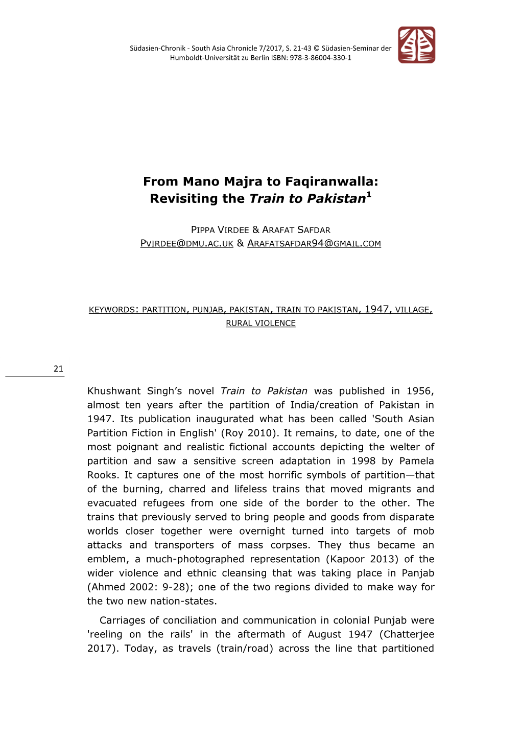 From Mano Majra to Faqiranwalla: Revisiting the Train to Pakistan1