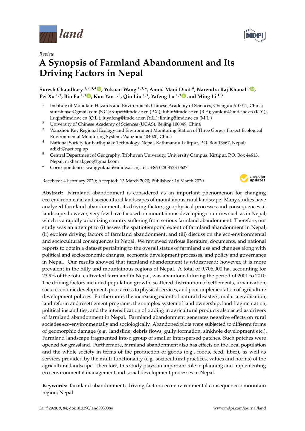 A Synopsis of Farmland Abandonment and Its Driving Factors in Nepal