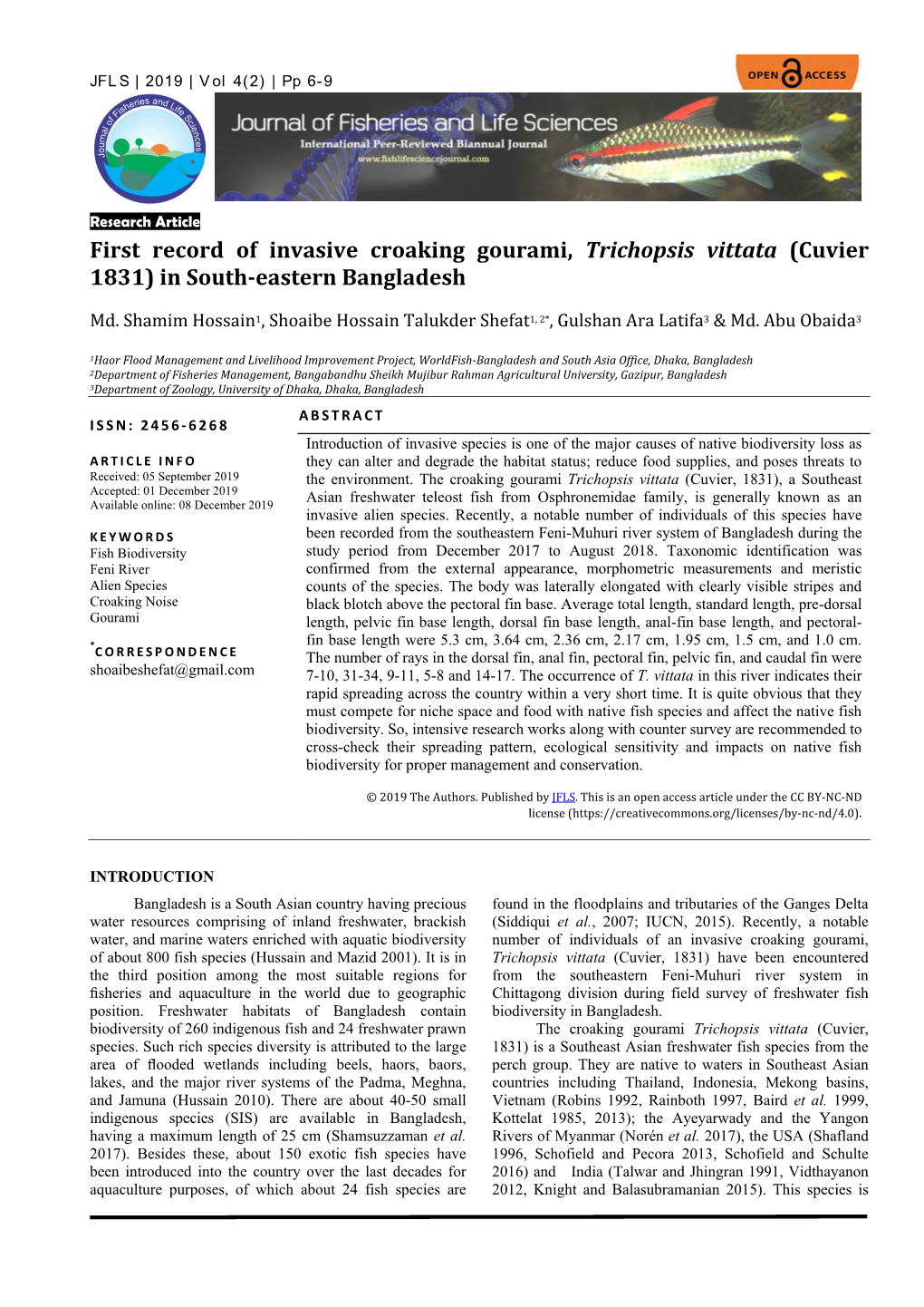 First Record of Invasive Croaking Gourami, Trichopsis Vittata (Cuvier 1831) in South-Eastern Bangladesh