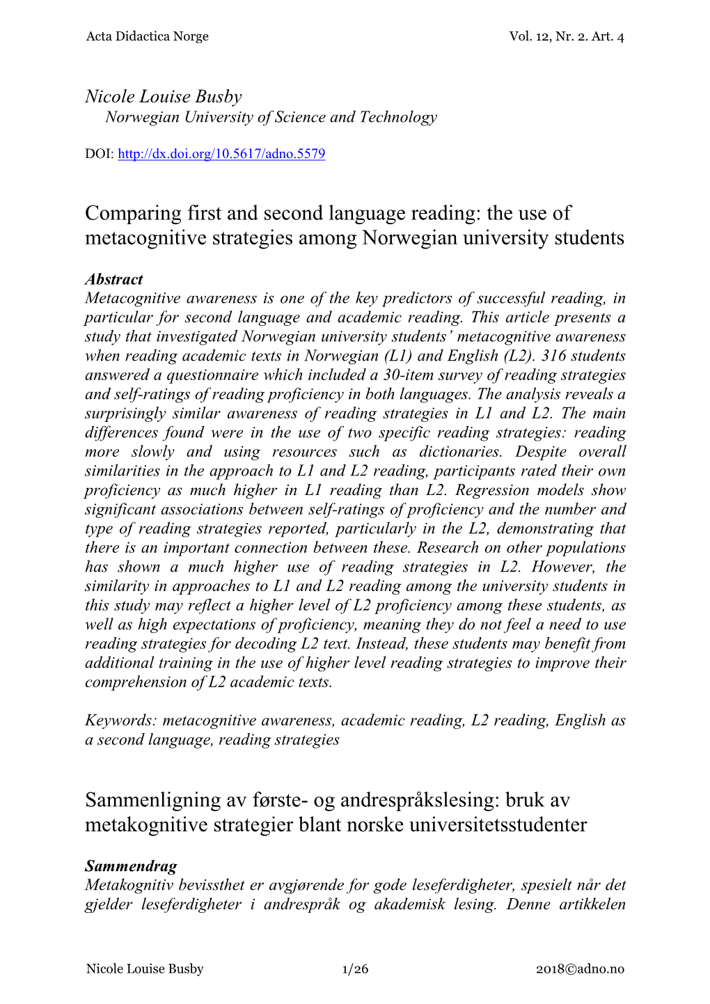 The Use of Metacognitive Strategies Among Norwegian University Students