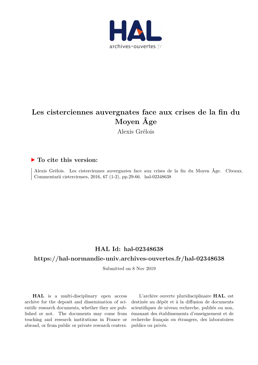 Les Cisterciennes Auvergnates Face Aux Crises De La Fin Du Moyen Âge Alexis Grélois