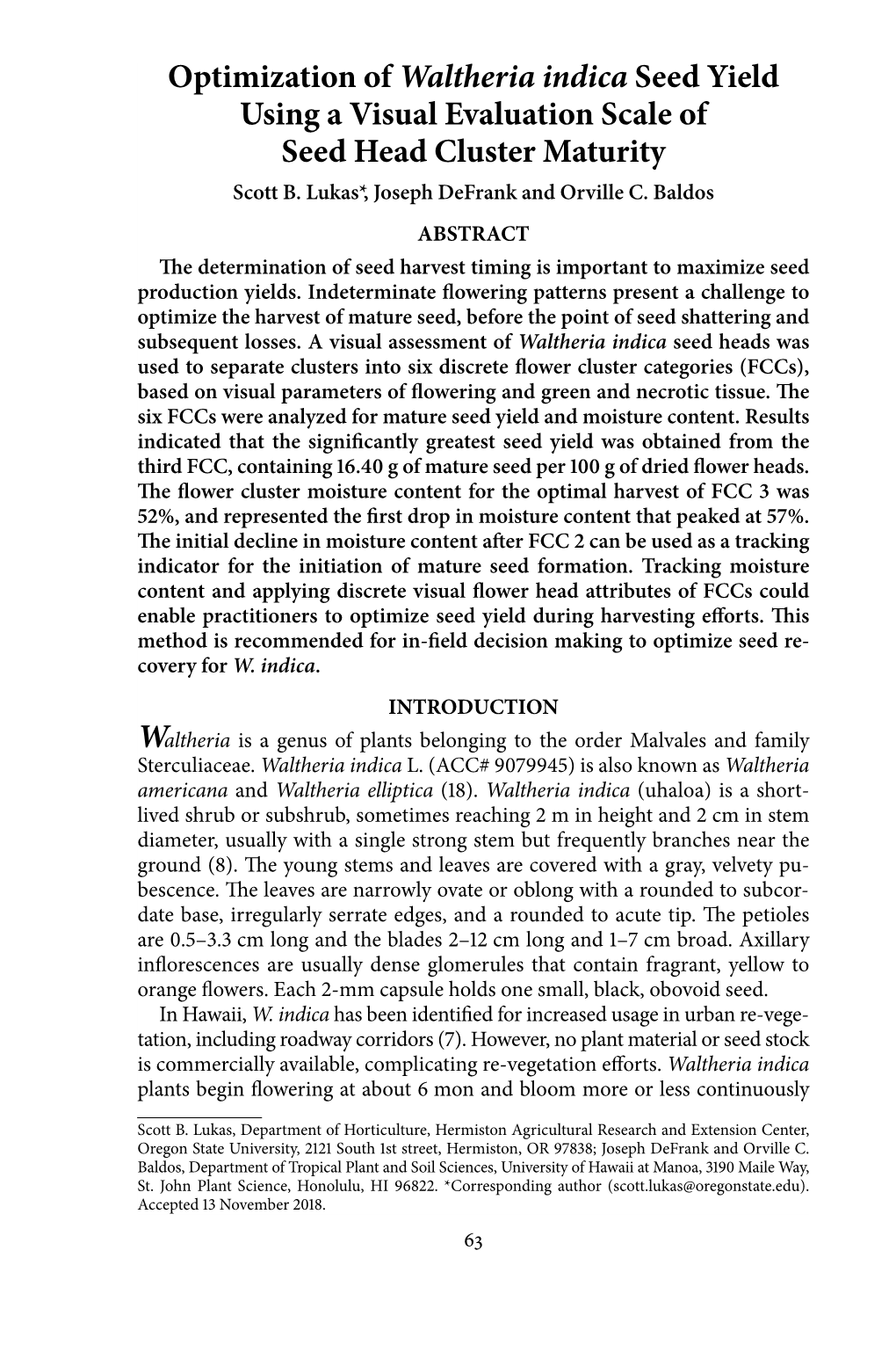 Optimization of Waltheria Indica Seed Yield Using a Visual Evaluation Scale of Seed Head Cluster Maturity Scott B