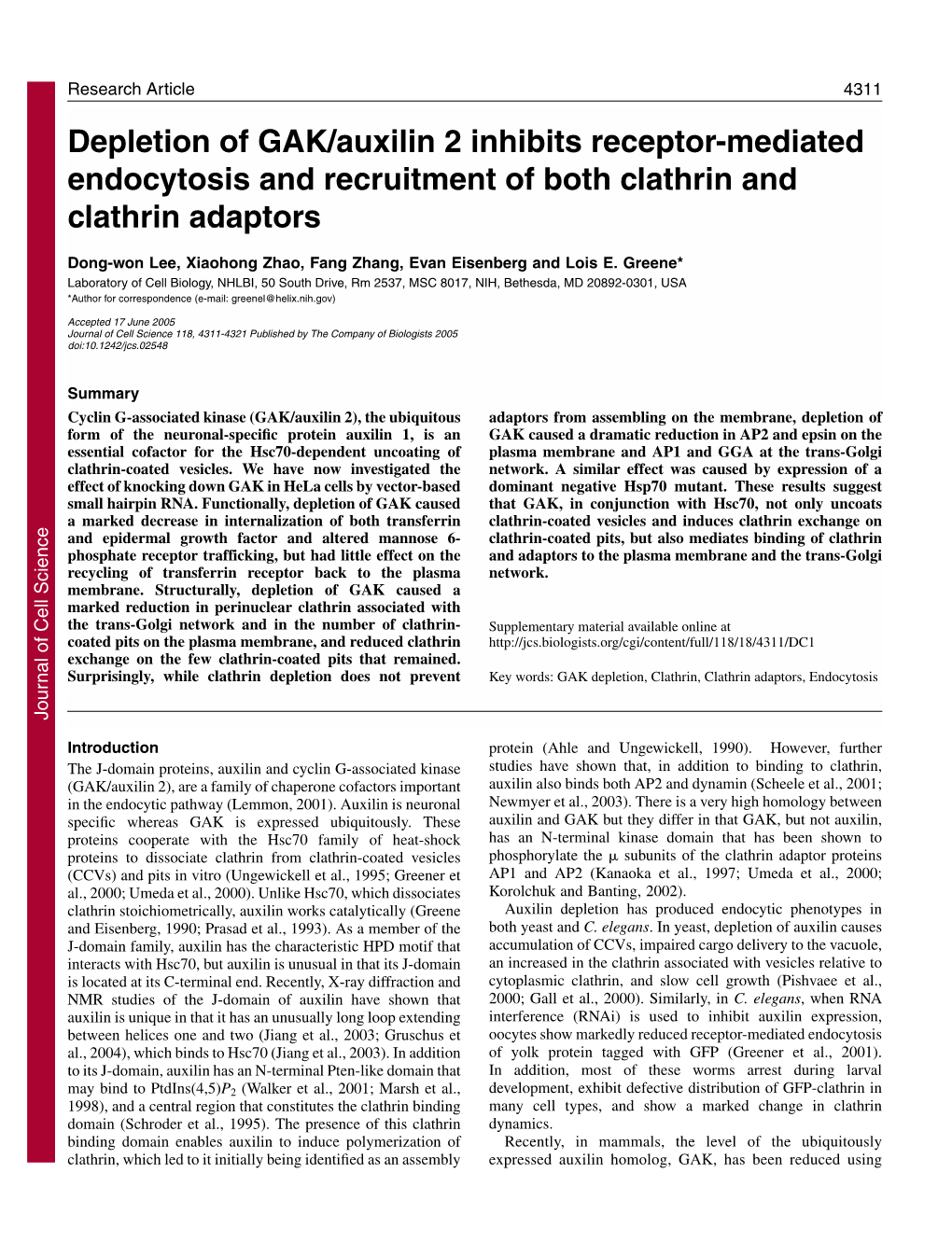 Depletion of GAK/Auxilin 2 Inhibits Receptor-Mediated Endocytosis and Recruitment of Both Clathrin and Clathrin Adaptors