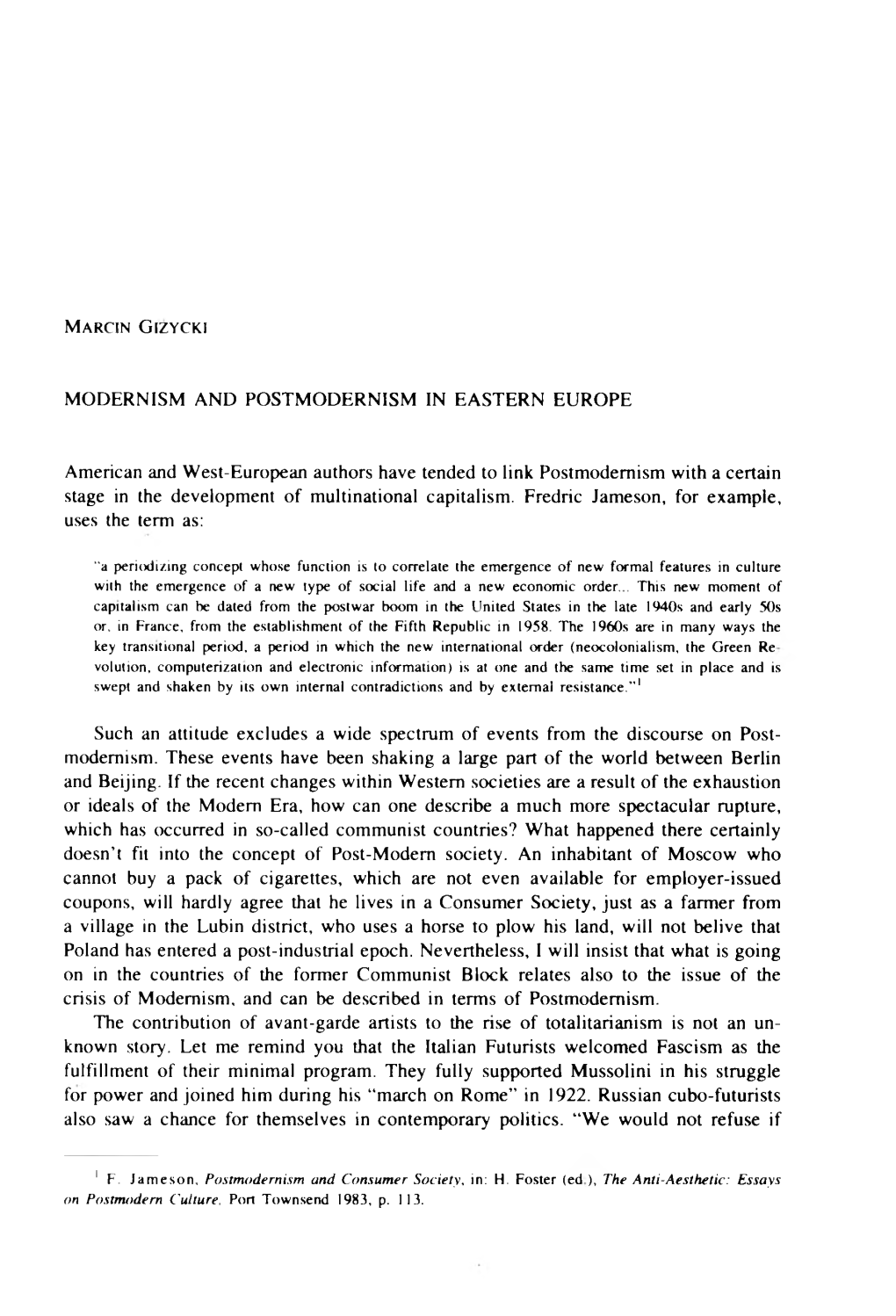 Modernism and Postmodernism in Eastern Europe