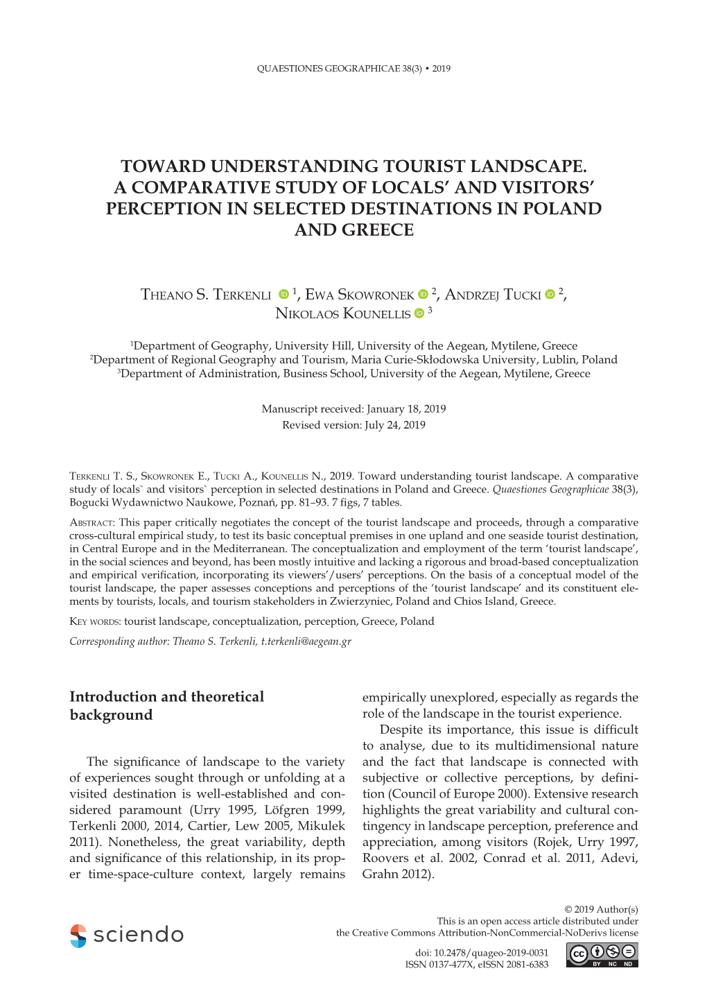 Toward Understanding Tourist Landscape. a Comparative Study of Locals’ and Visitors’ Perception in Selected Destinations in Poland and Greece