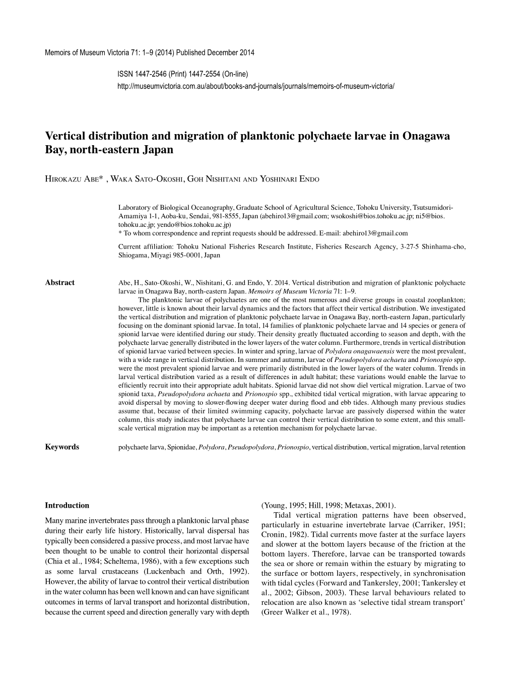 Vertical Distribution and Migration of Planktonic Polychaete Larvae in Onagawa Bay, North-Eastern Japan