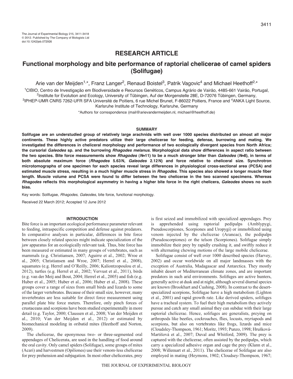 Functional Morphology and Bite Performance of Raptorial Chelicerae of Camel Spiders (Solifugae)