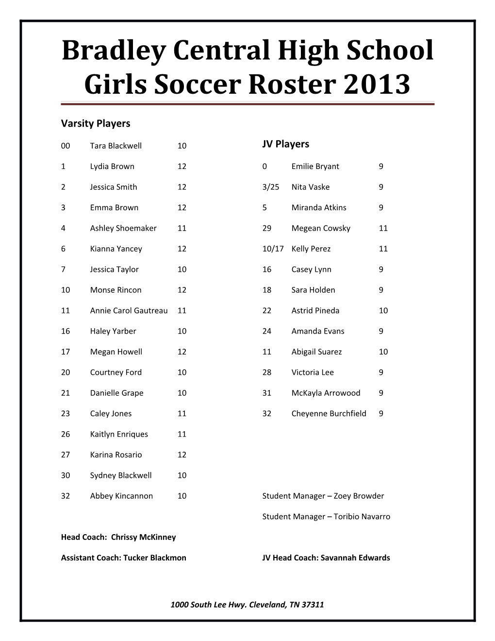 Bradley Central High School Girls Soccer Roster 2013