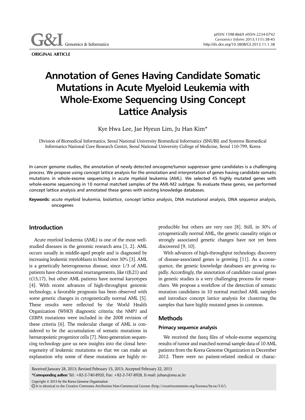 Annotation of Genes Having Candidate Somatic Mutations in Acute Myeloid Leukemia with Whole-Exome Sequencing Using Concept Lattice Analysis