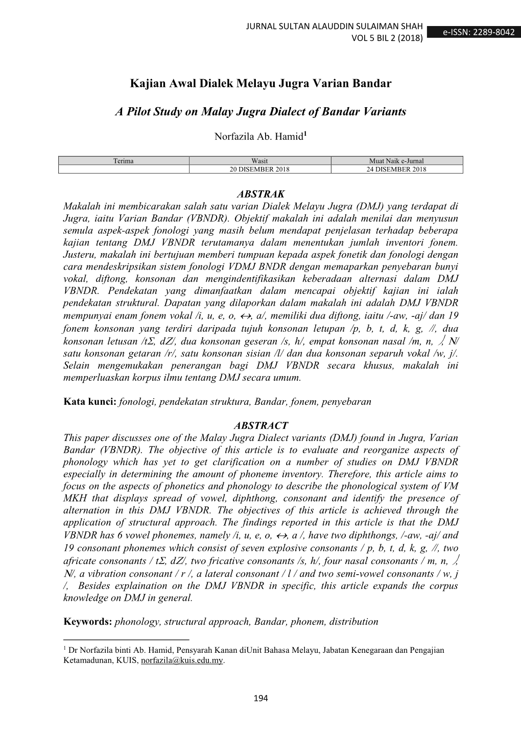 Kajian Awal Dialek Melayu Jugra Varian Bandar a Pilot Study on Malay Jugra Dialect of Bandar Variants