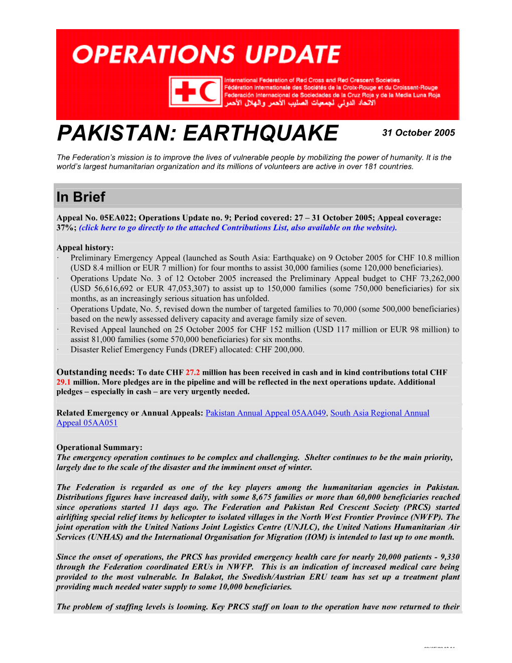 PAKISTAN: EARTHQUAKE 31 October 2005