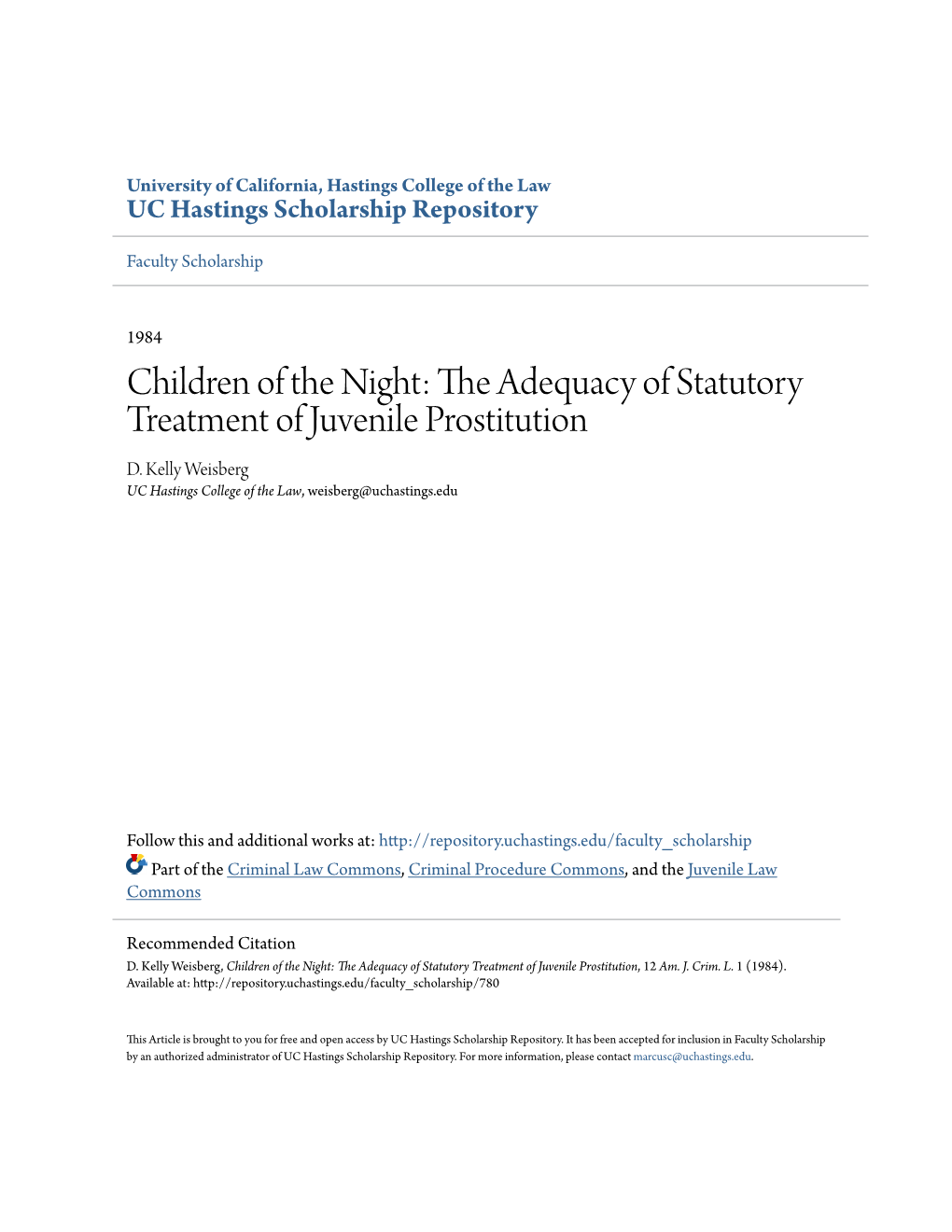 Children of the Night: the Adequacy of Statutory Treatment of Juvenile Prostitution D