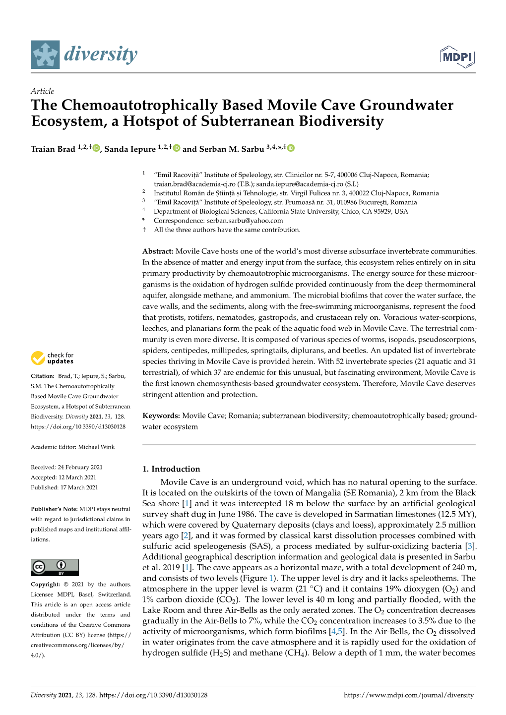 The Chemoautotrophically Based Movile Cave Groundwater Ecosystem, a Hotspot of Subterranean Biodiversity