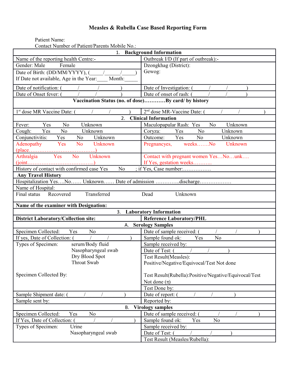 Measles & Rubella Case Based Reporting Form