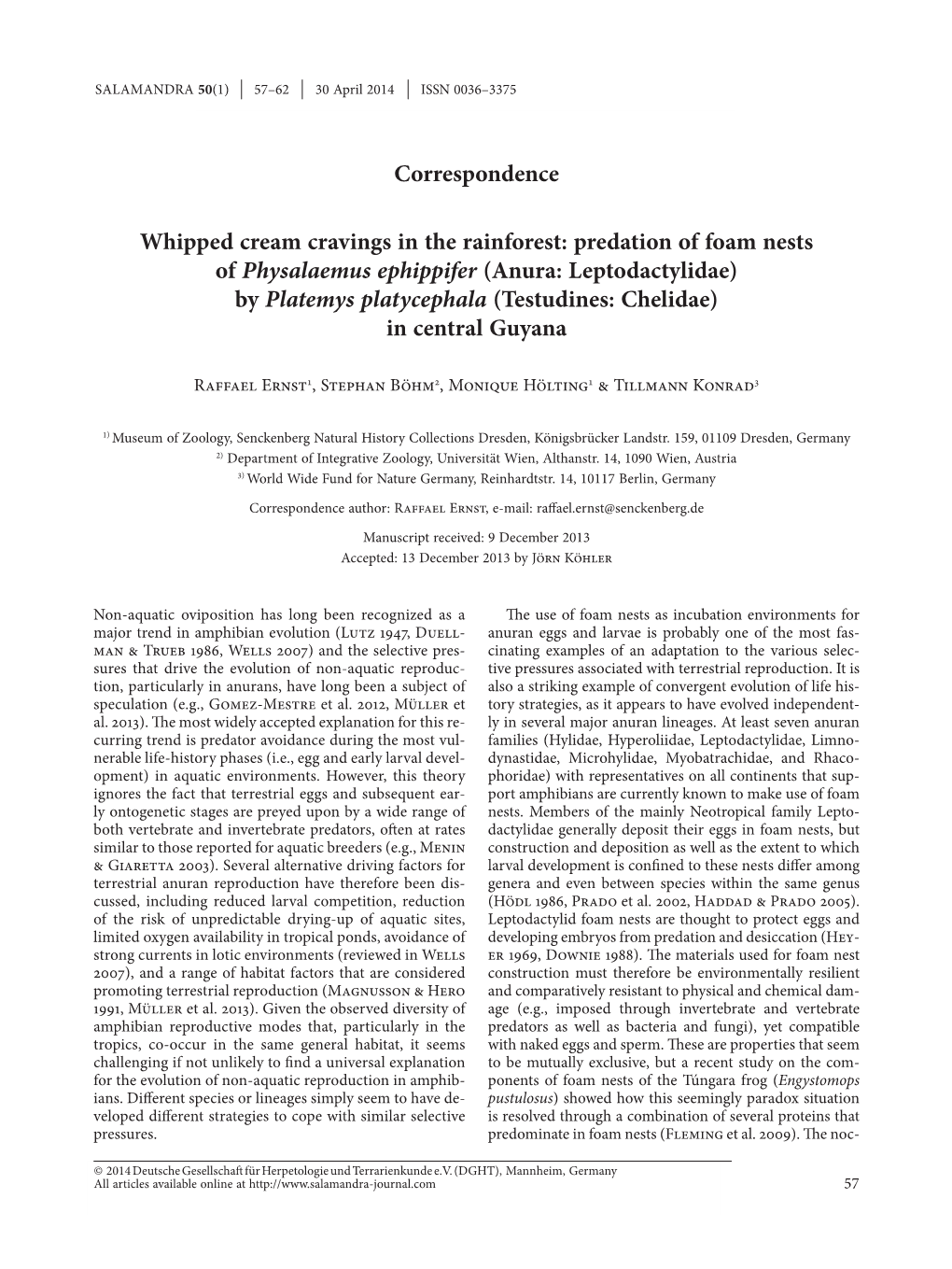 Predation of Foam Nests of Physalaemus Ephippifer (Anura: Leptodactylidae) by Platemys Platycephala (Testudines: Chelidae) in Central Guyana