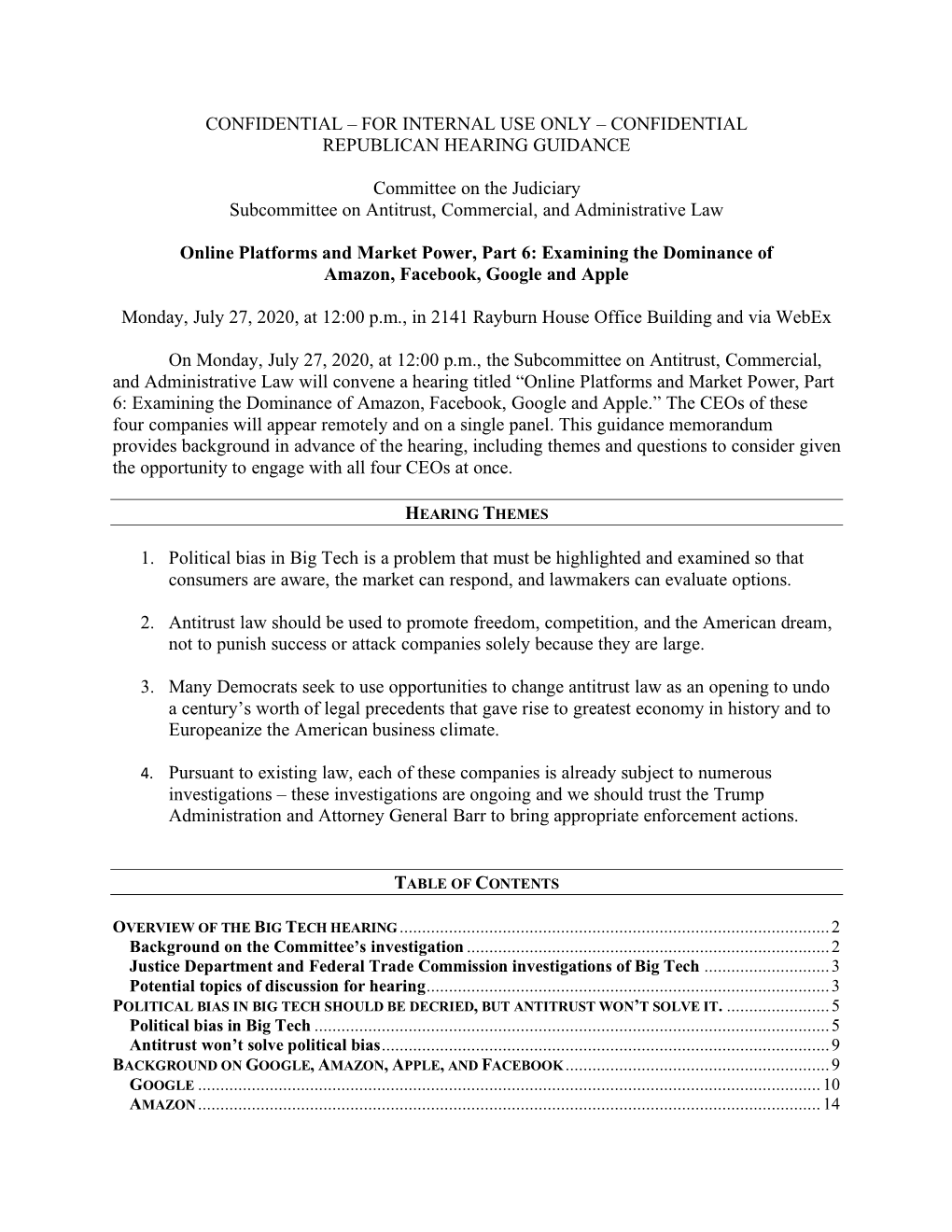 Confidential – for Internal Use Only – Confidential Republican Hearing Guidance