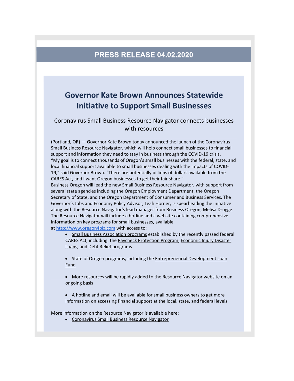 Governor Kate Brown Announces Statewide Initiative to Support Small Businesses