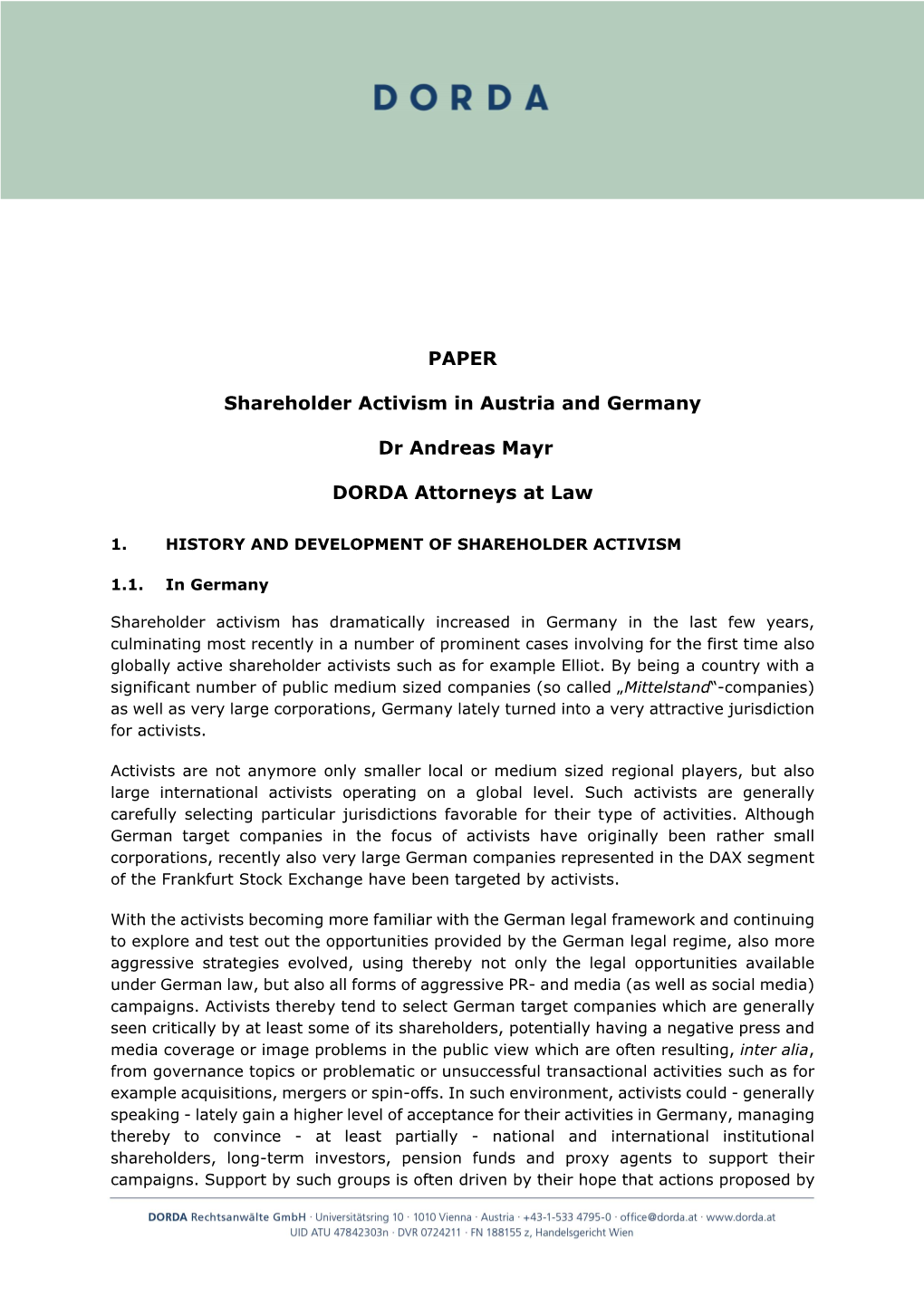 PAPER Shareholder Activism in Austria and Germany Dr Andreas
