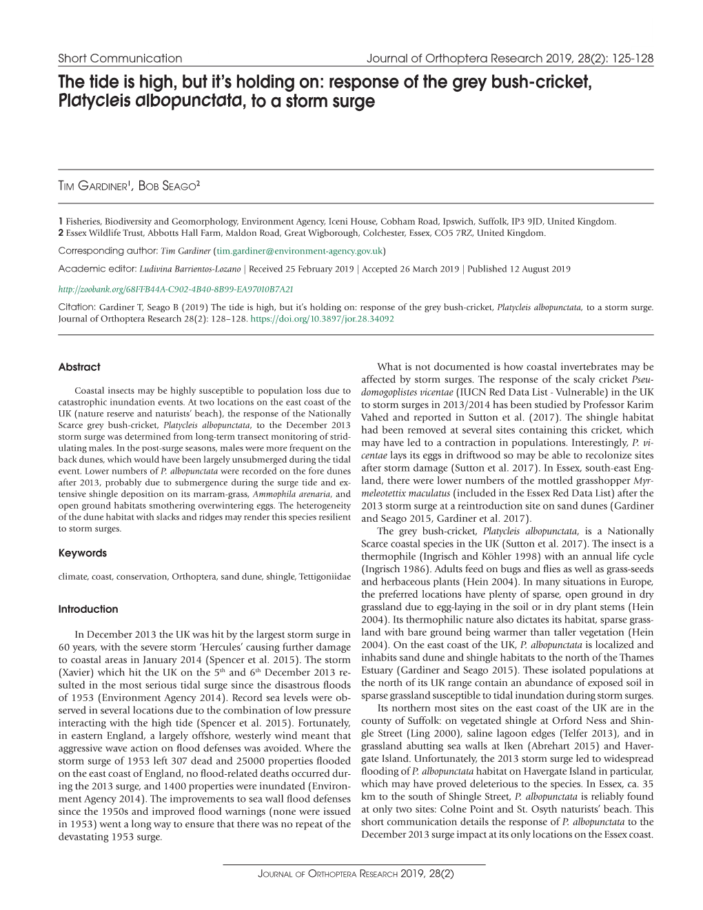 Response of the Grey Bush-Cricket, Platycleis Albopunctata, to a Storm Surge