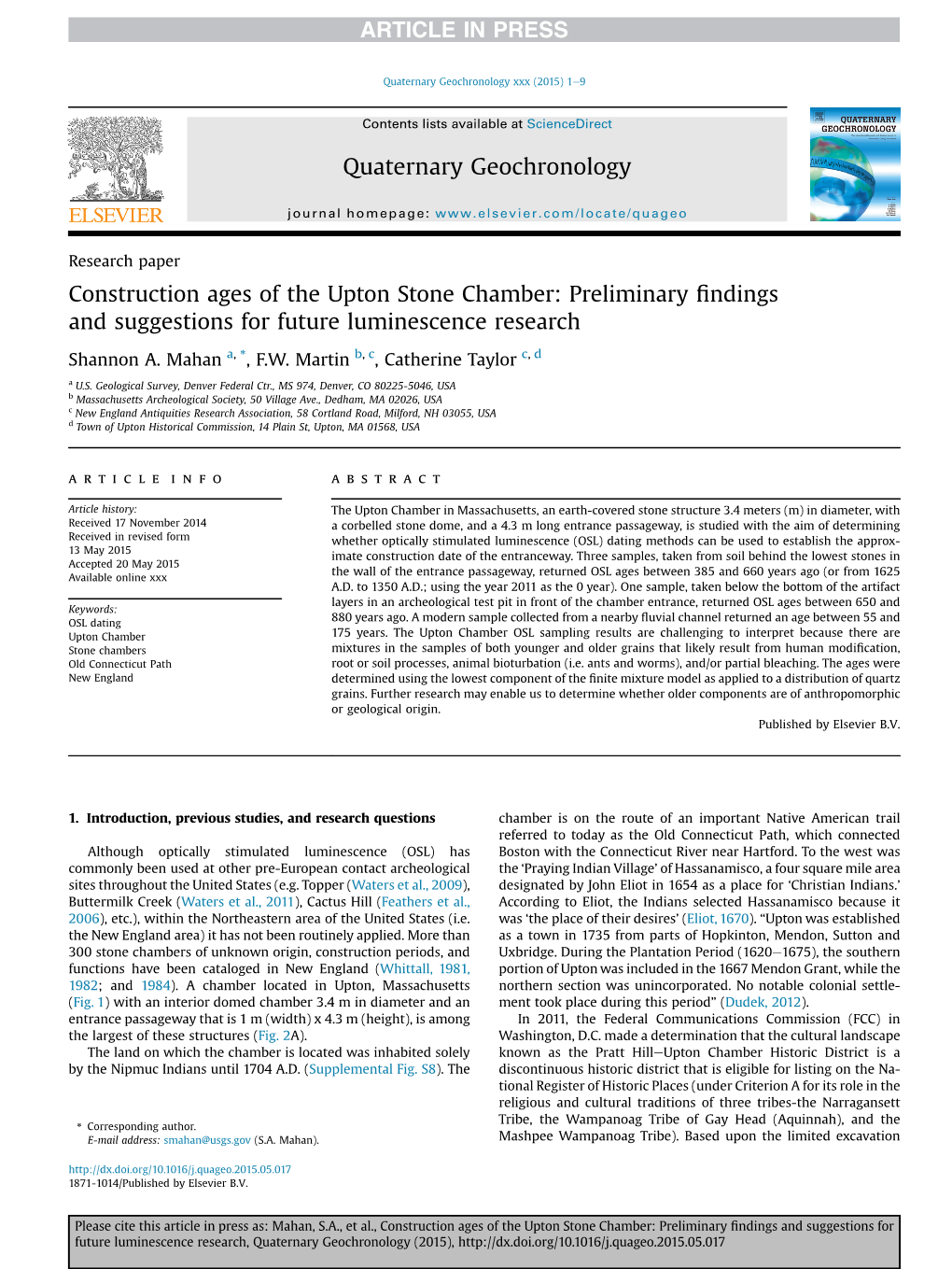 Upton Stone Chamber: Preliminary ﬁndings and Suggestions for Future Luminescence Research