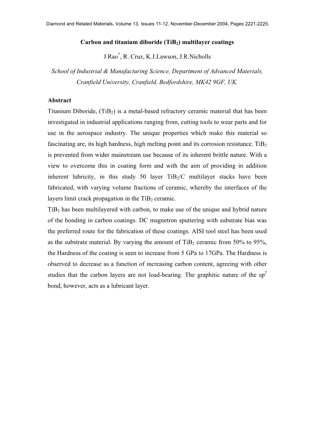 Carbon and Titanium Diboride (Tib2) Multilayer Coatings