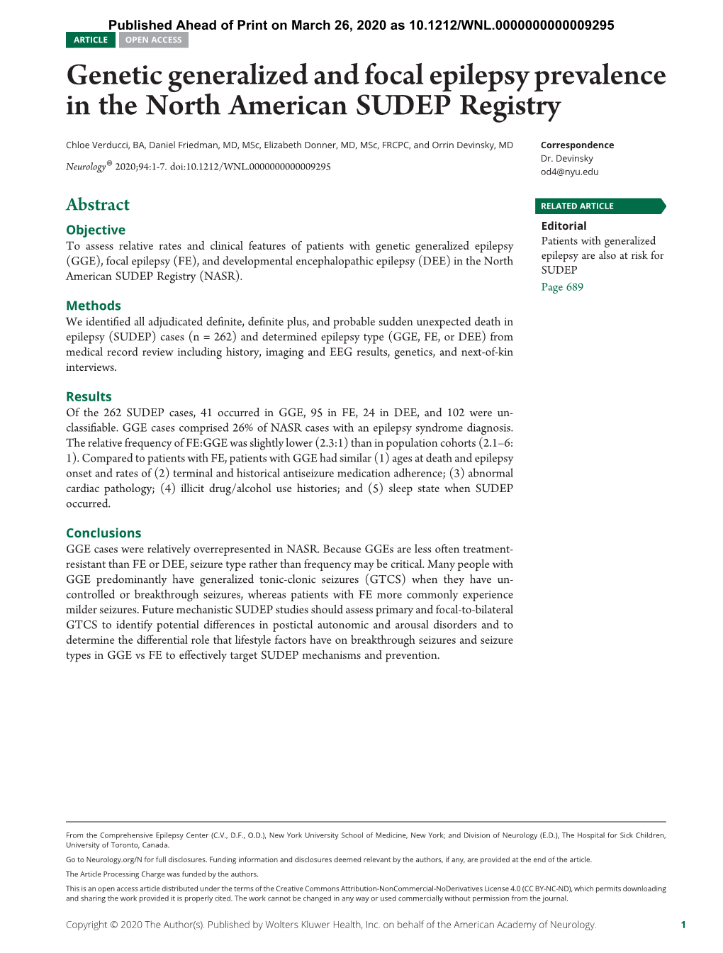 Genetic Generalized and Focal Epilepsy Prevalence in the North American SUDEP Registry