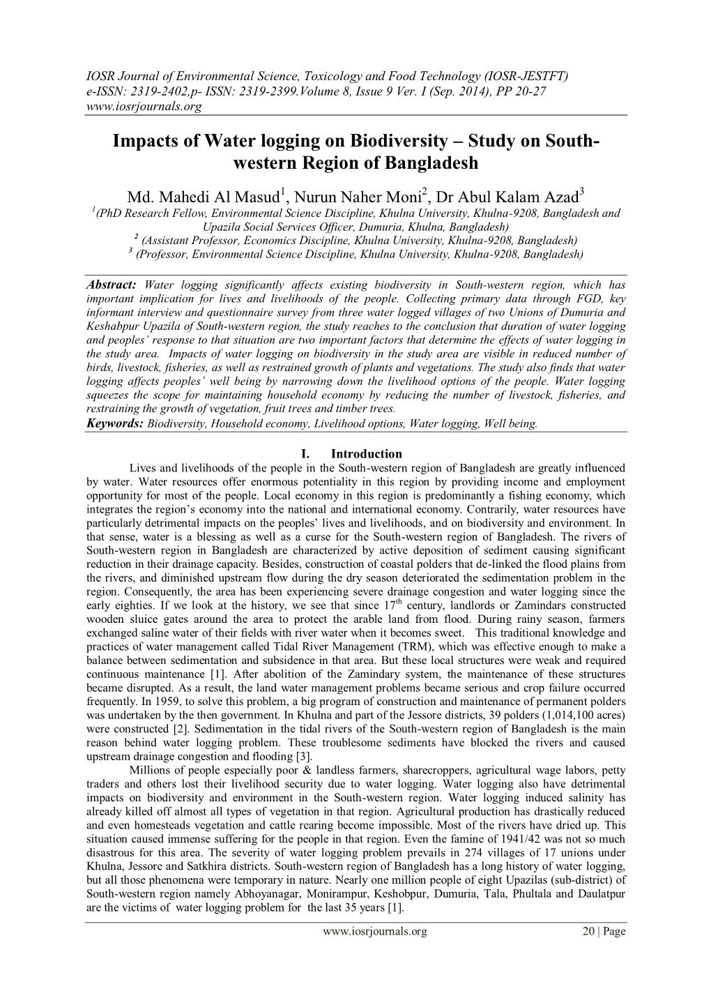 Impacts of Water Logging on Biodiversity – Study on South- Western Region of Bangladesh