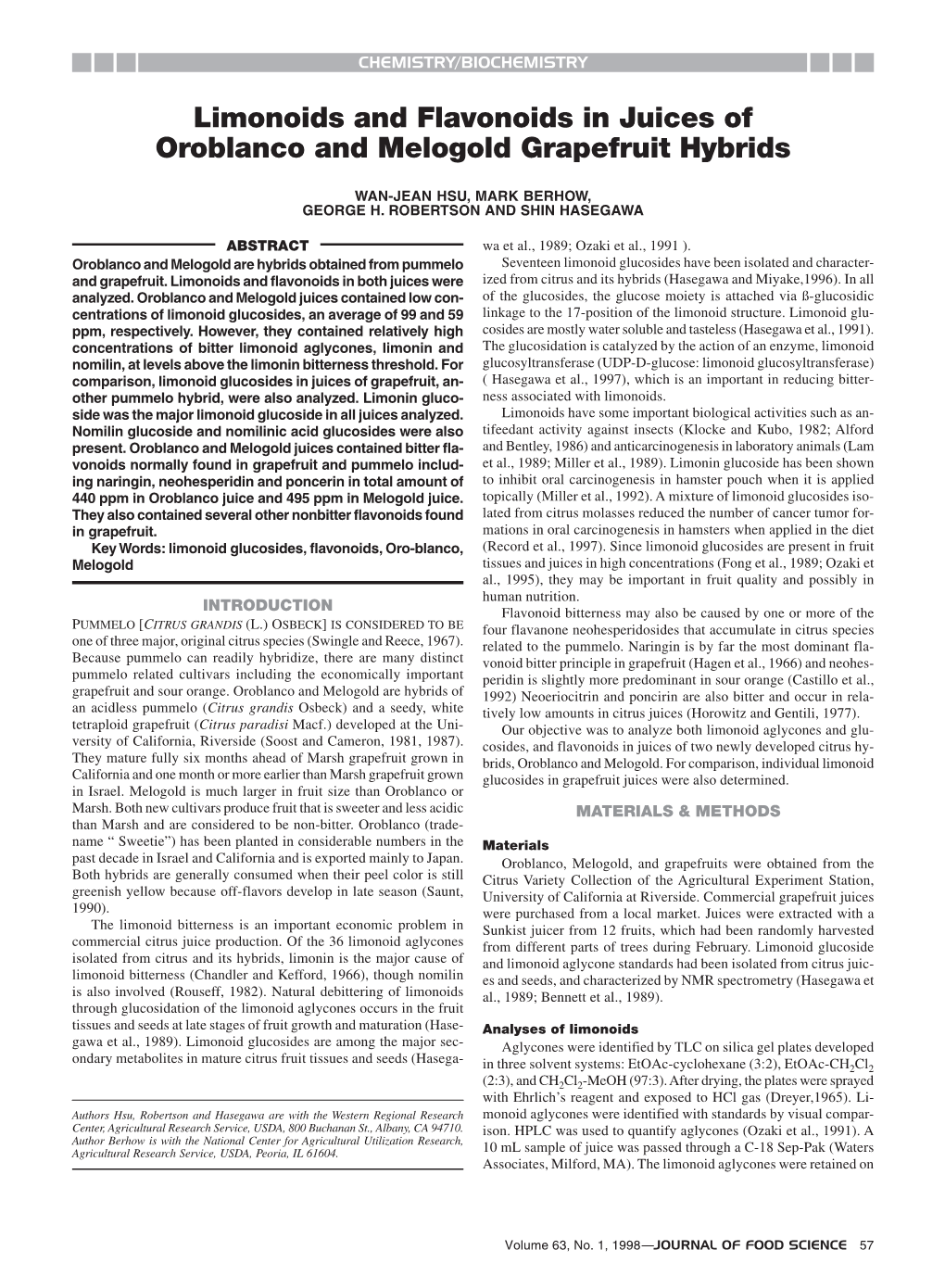 Limonoids and Flavonoids in Juices of Oroblanco and Melogold Grapefruit Hybrids