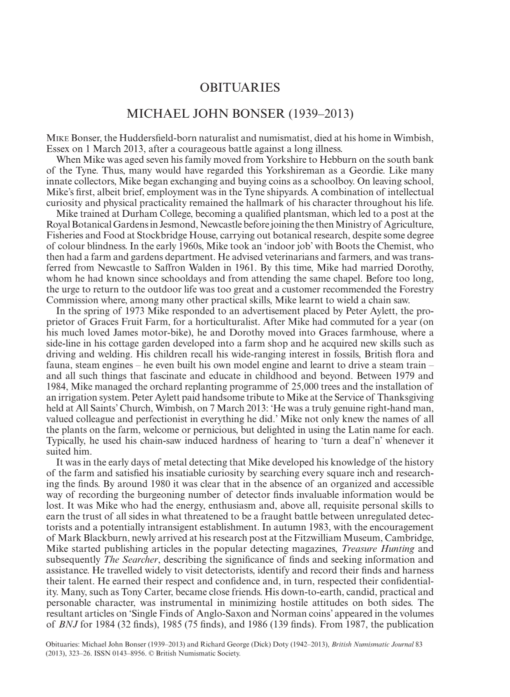 Obituaries Michael John Bonser (1939–2013)