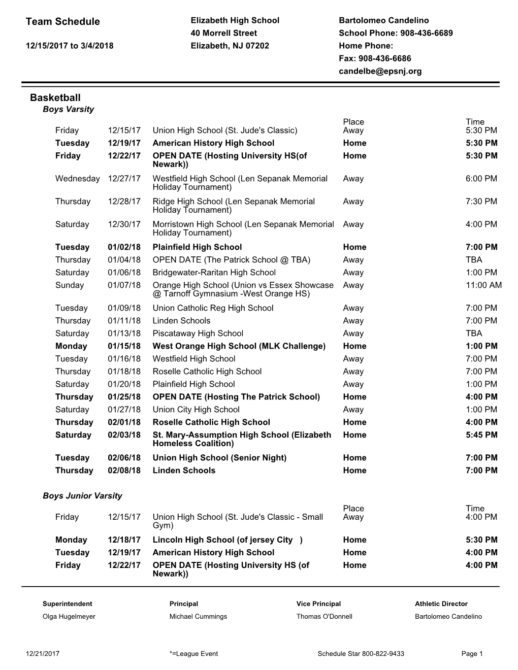 Team Schedule Basketball