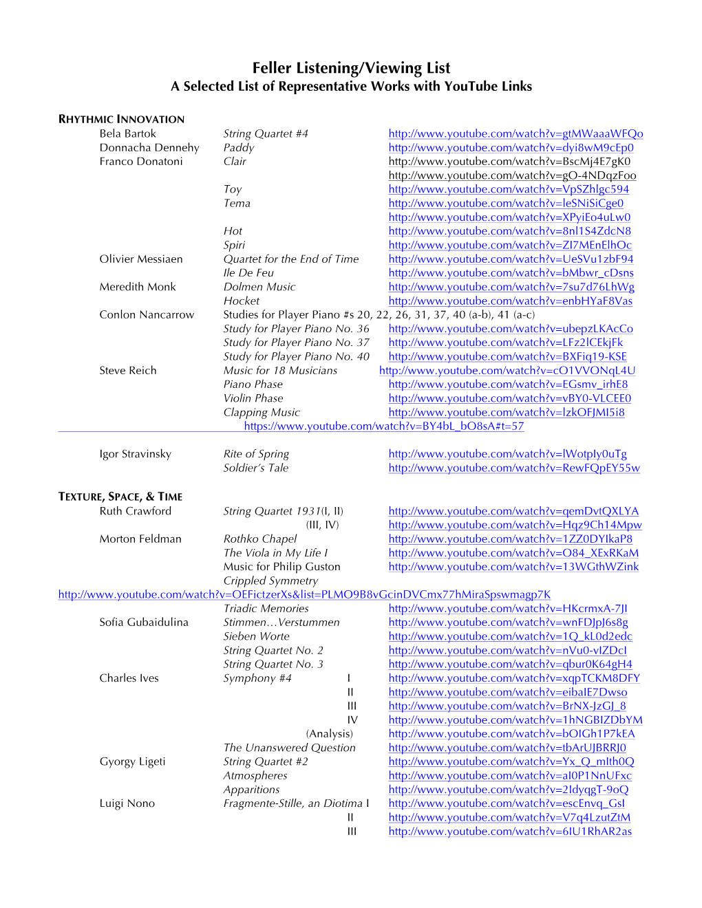 Feller Listening/Viewing List a Selected List of Representative Works with Youtube Links