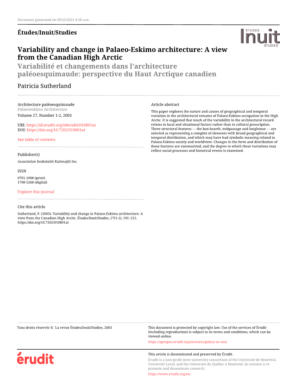 Variability and Change in Palaeo-Eskimo Architecture