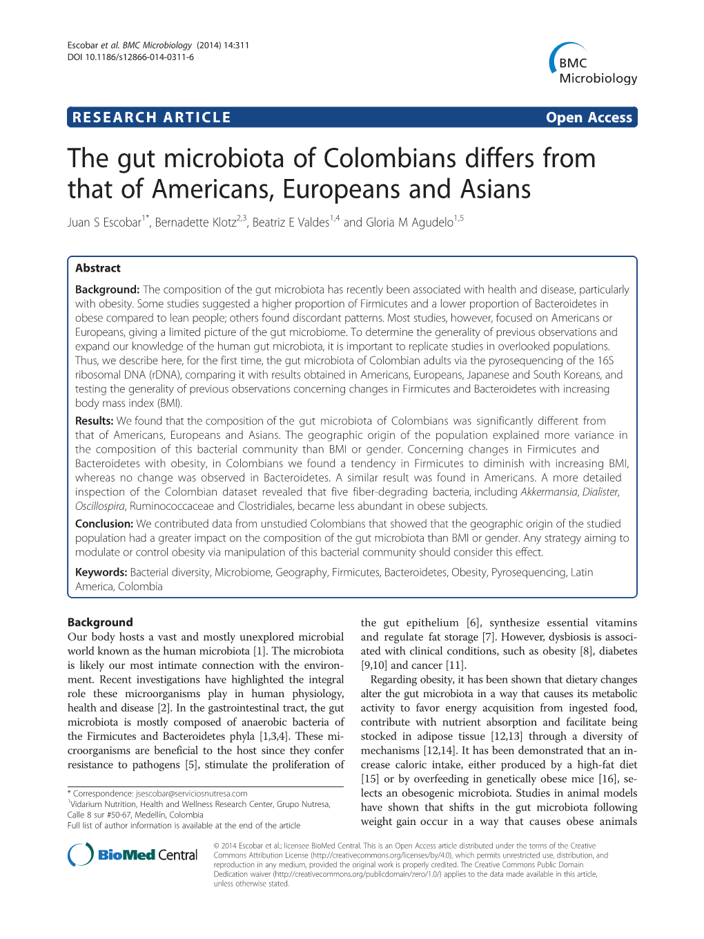 The Gut Microbiota of Colombians Differs from That of Americans